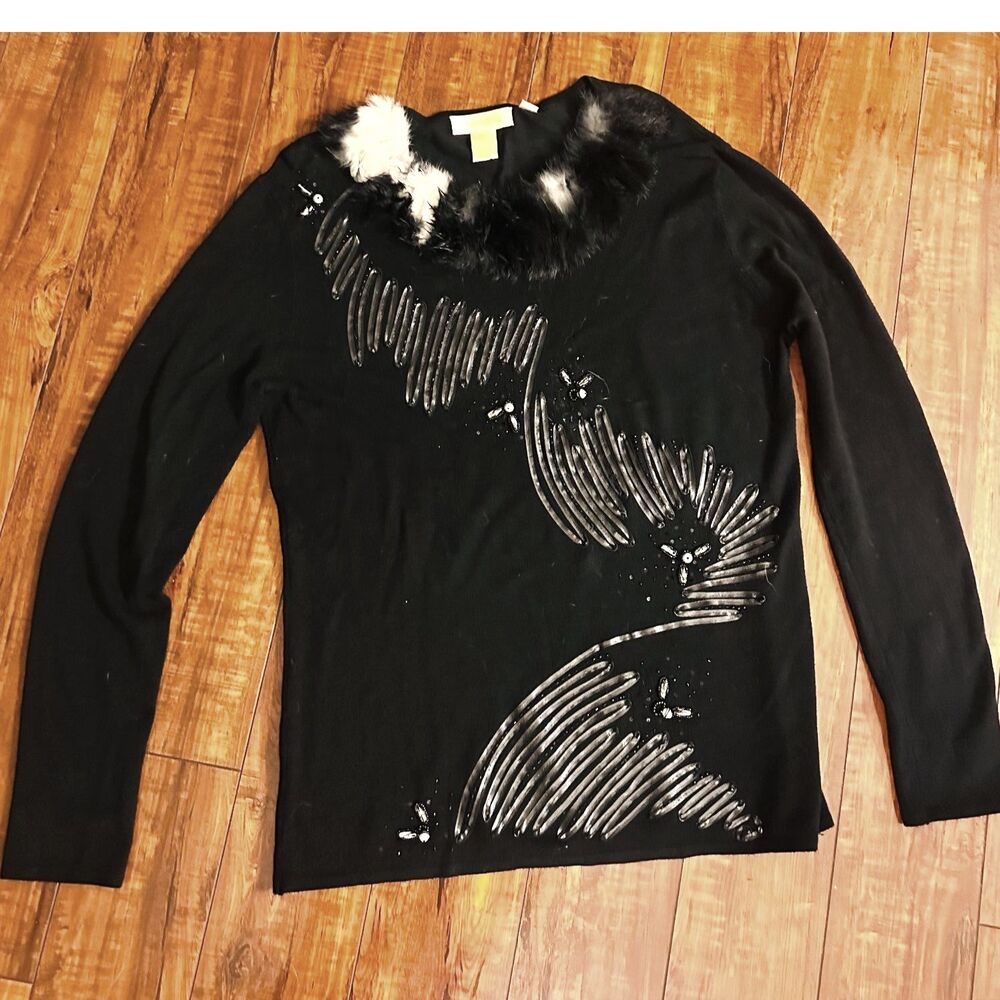 Adore VTG Whimsigoth Embellished Dramatic Black-White Feather Collar Knit Top M